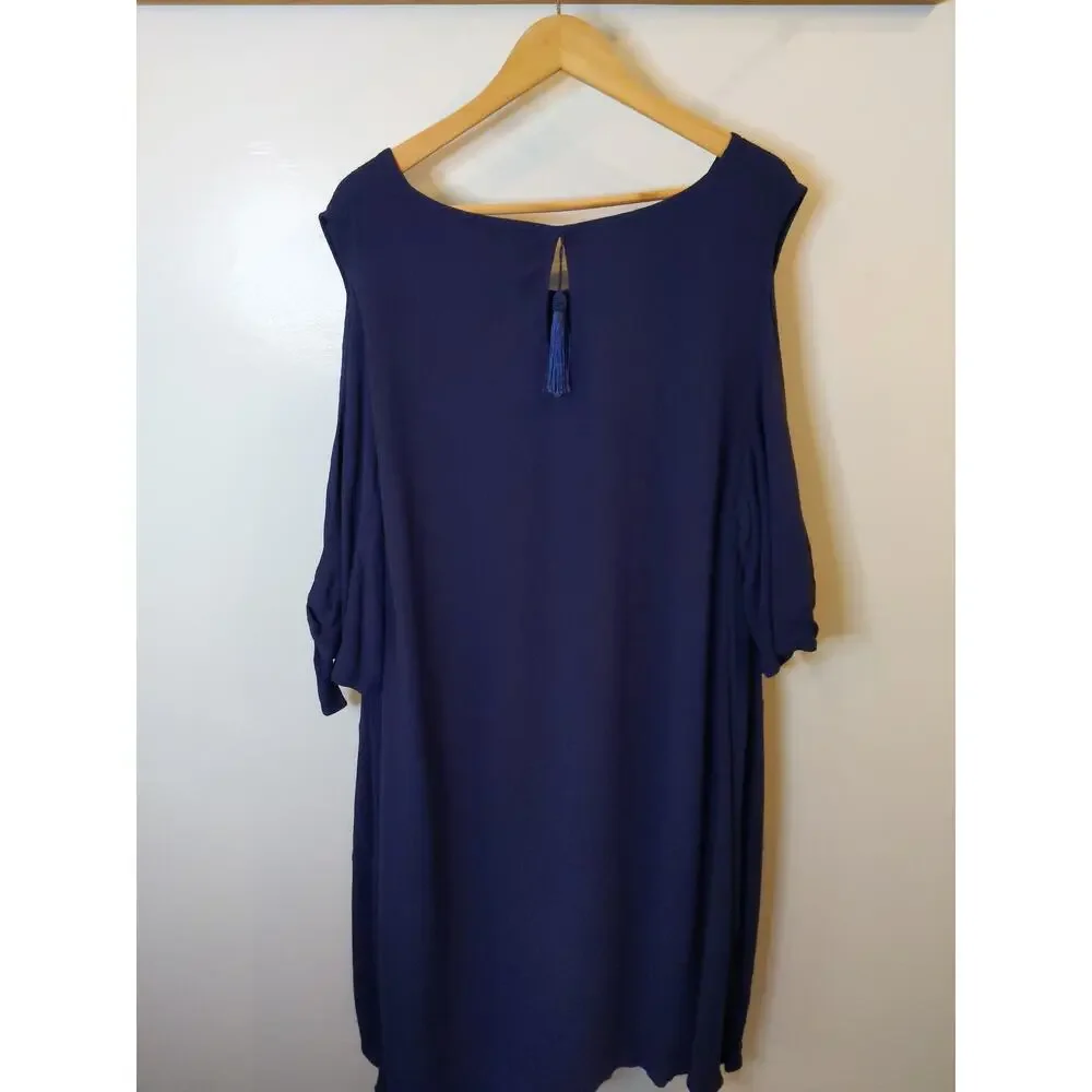 Soft Surroundings Navy Cold Shoulder Ruffle Tie Sleeve Dress Plus Size 3X Boho - Picture 8 of 13